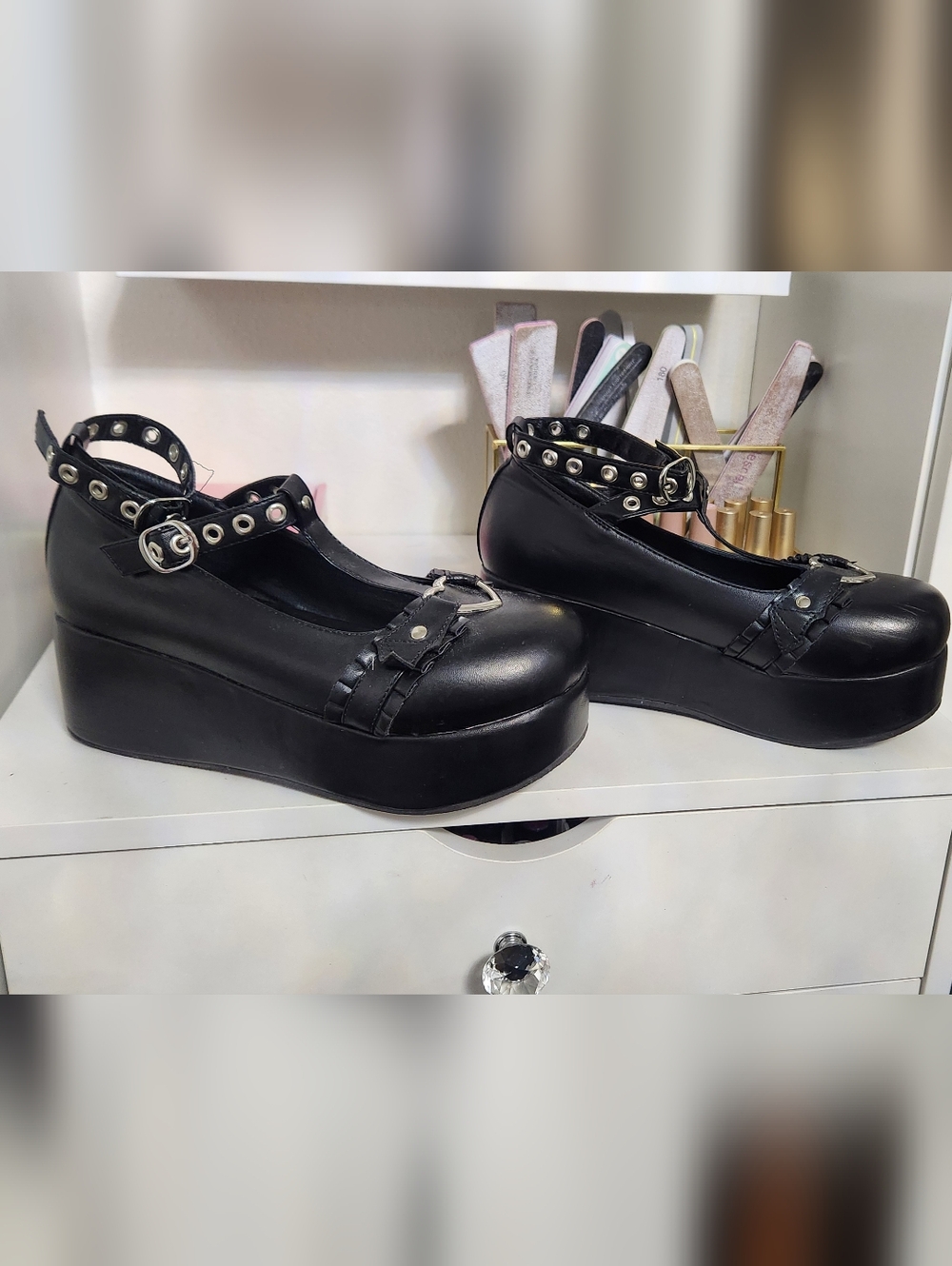 Black Platform Mary Jane Shoes with Grommet Ankle Strap - Picture 6 of 8